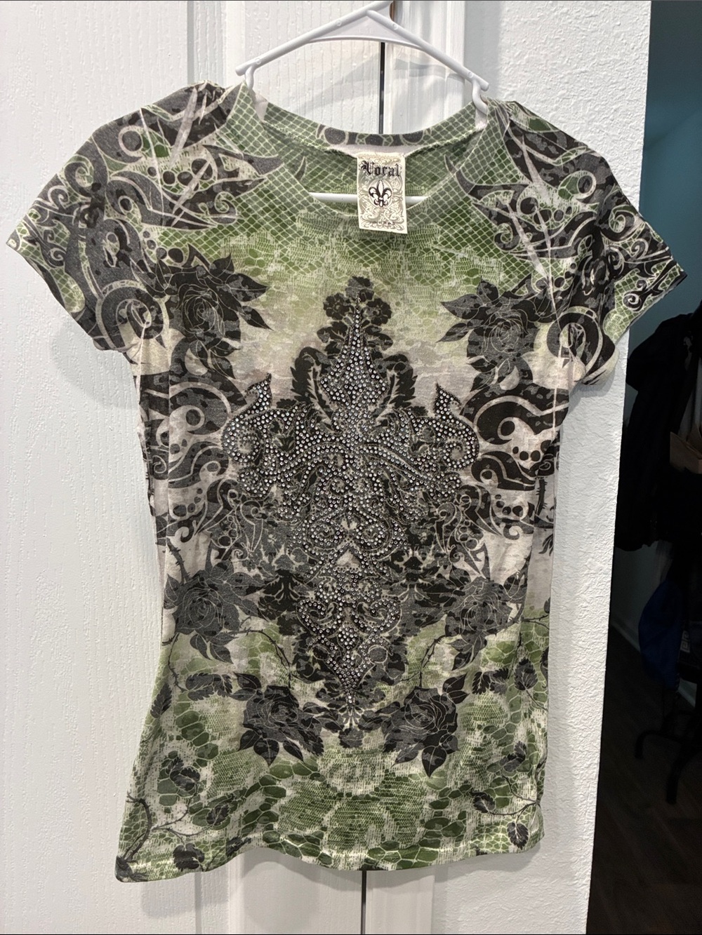 Vocal Green and Black Rhinestone Short Sleeve Tee